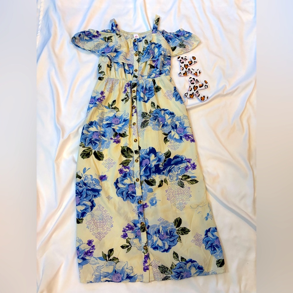 Floral Blue and Cream Kids Dress